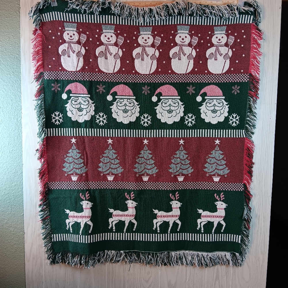 Christmas Santa Snowman Tree Reindeer Tapestry Afghan Throw Blanket 46 X 38